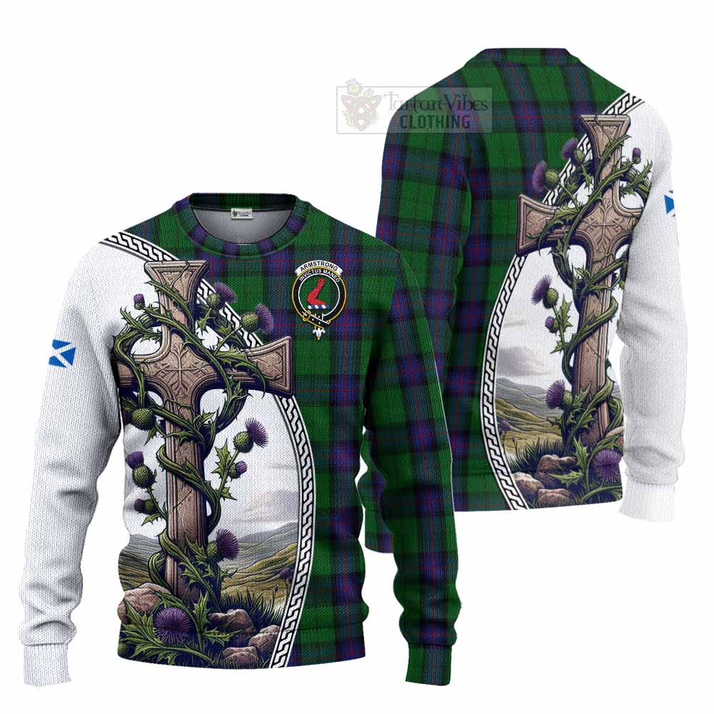 Tartan Vibes Clothing Armstrong Tartan Knitted Sweater with Family Crest and St. Andrew's Cross Accented by Thistle Vines