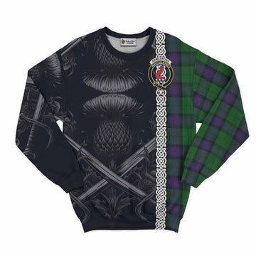 Armstrong Tartan Sweatshirt with Family Crest Cross Sword Thistle Celtic Vibes