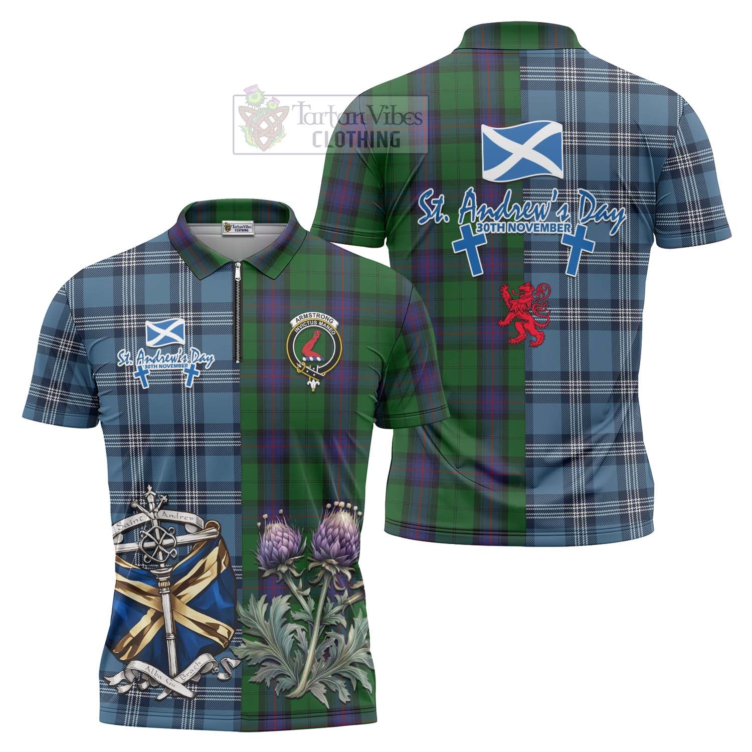 Tartan Vibes Clothing Armstrong Tartan Zipper Polo Shirt Happy St. Andrew's Day Half Tartan Style