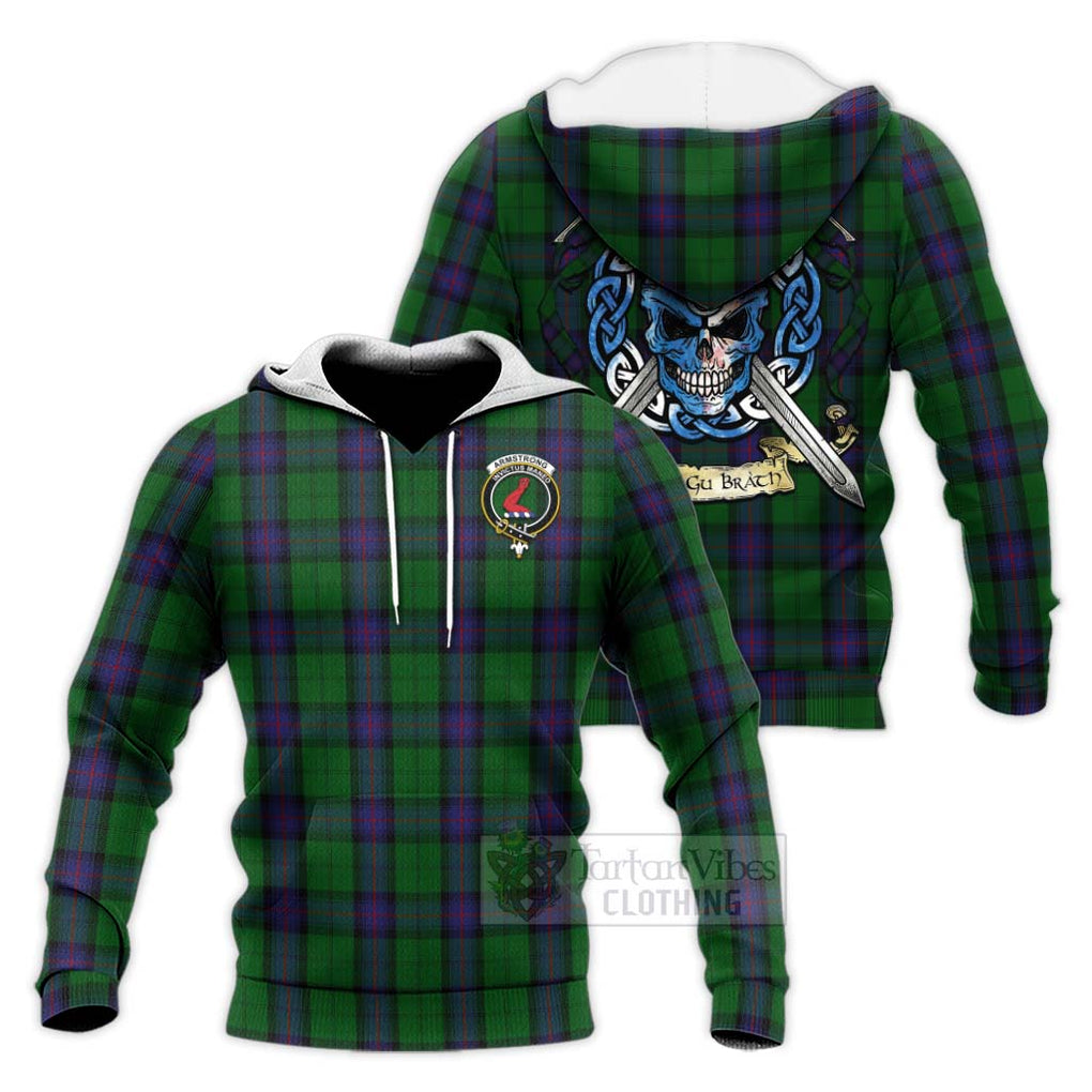 Tartan Vibes Clothing Armstrong Tartan Knitted Hoodie with Family Crest Celtic Skull Style