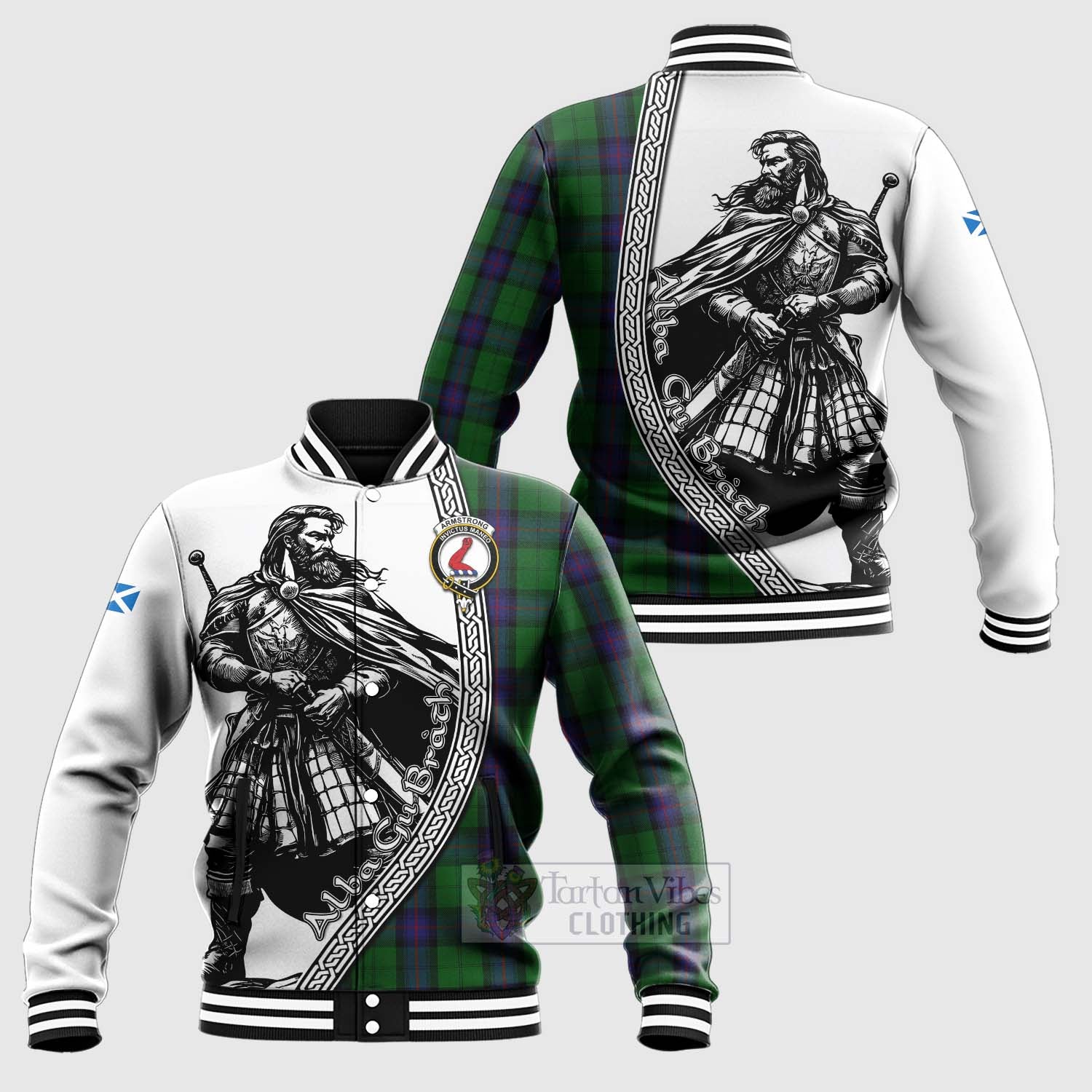 Tartan Vibes Clothing Armstrong Tartan Clan Crest Baseball Jacket with Highlander Warrior Celtic Style