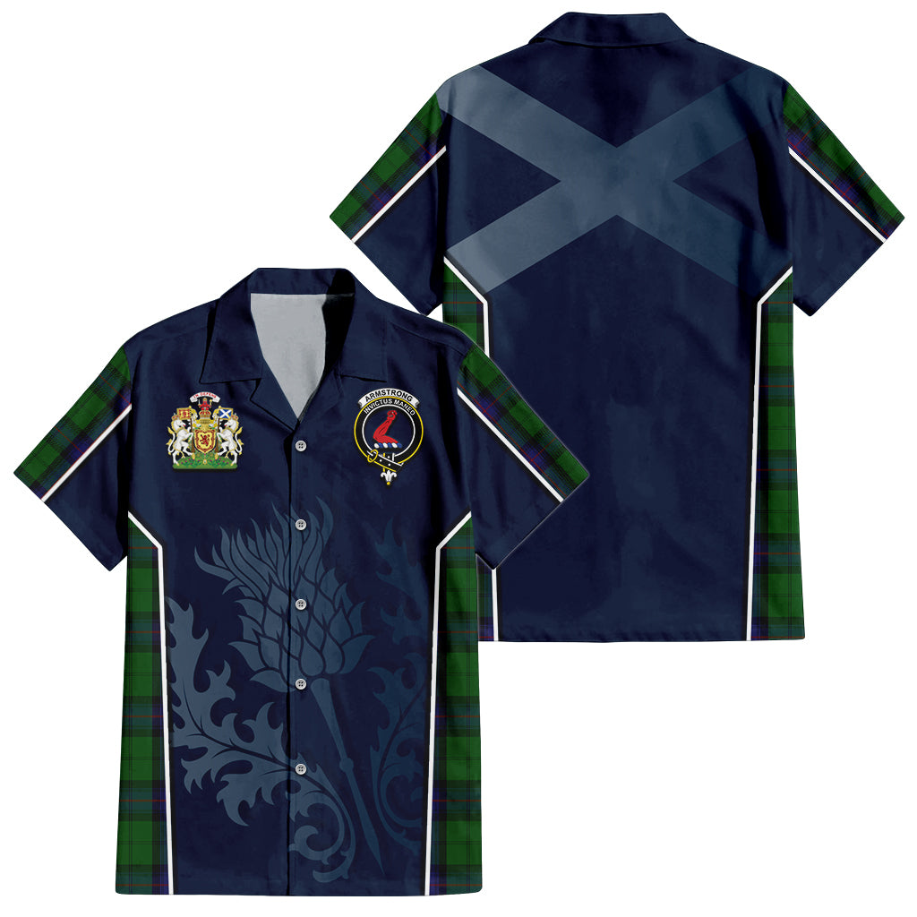 Tartan Vibes Clothing Armstrong Tartan Short Sleeve Button Up Shirt with Family Crest and Scottish Thistle Vibes Sport Style