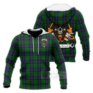 Armstrong Tartan Knitted Hoodie with Family Crest and Bearded Skull Holding Bottles of Whiskey