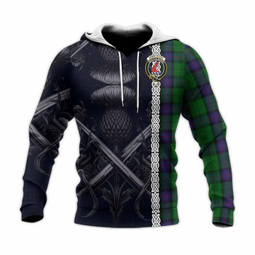 Armstrong Tartan Knitted Hoodie with Family Crest Cross Sword Thistle Celtic Vibes