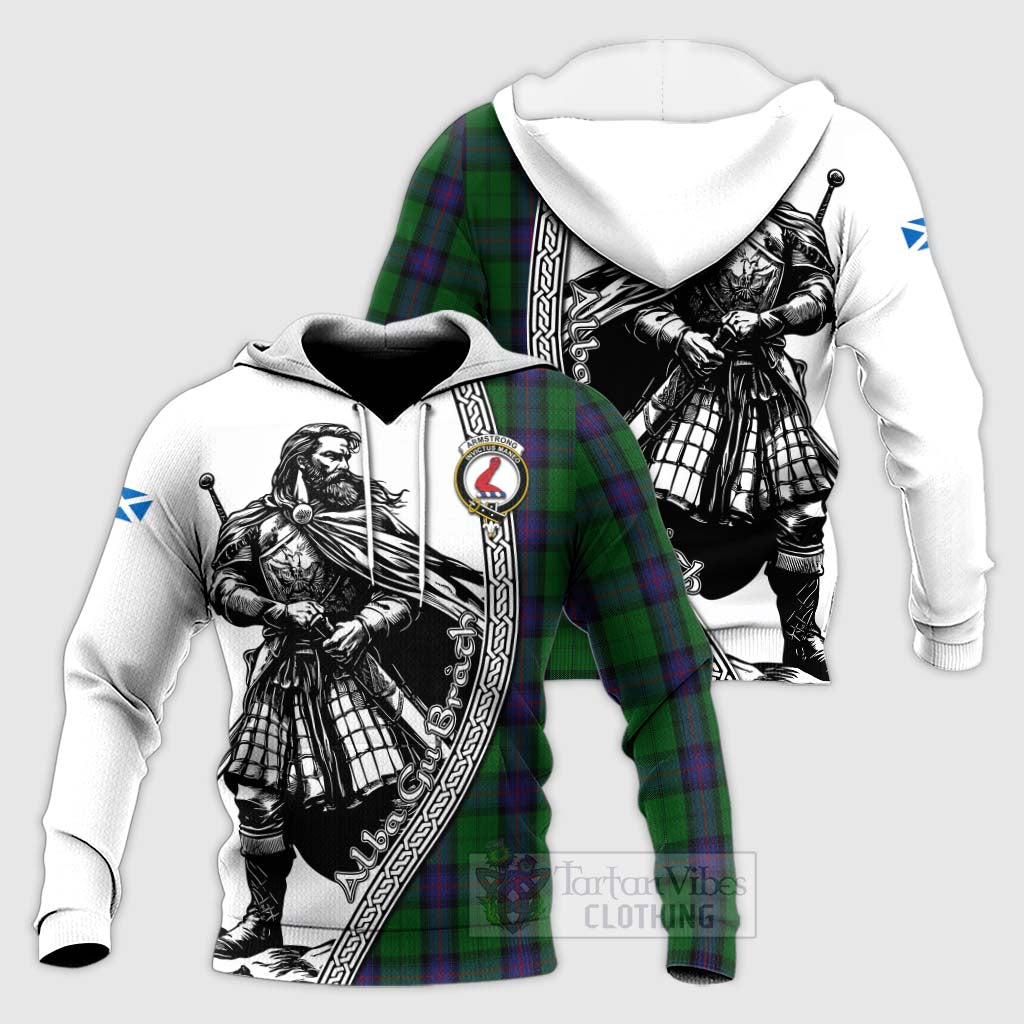 Tartan Vibes Clothing Armstrong Tartan Clan Crest Knitted Hoodie with Highlander Warrior Celtic Style