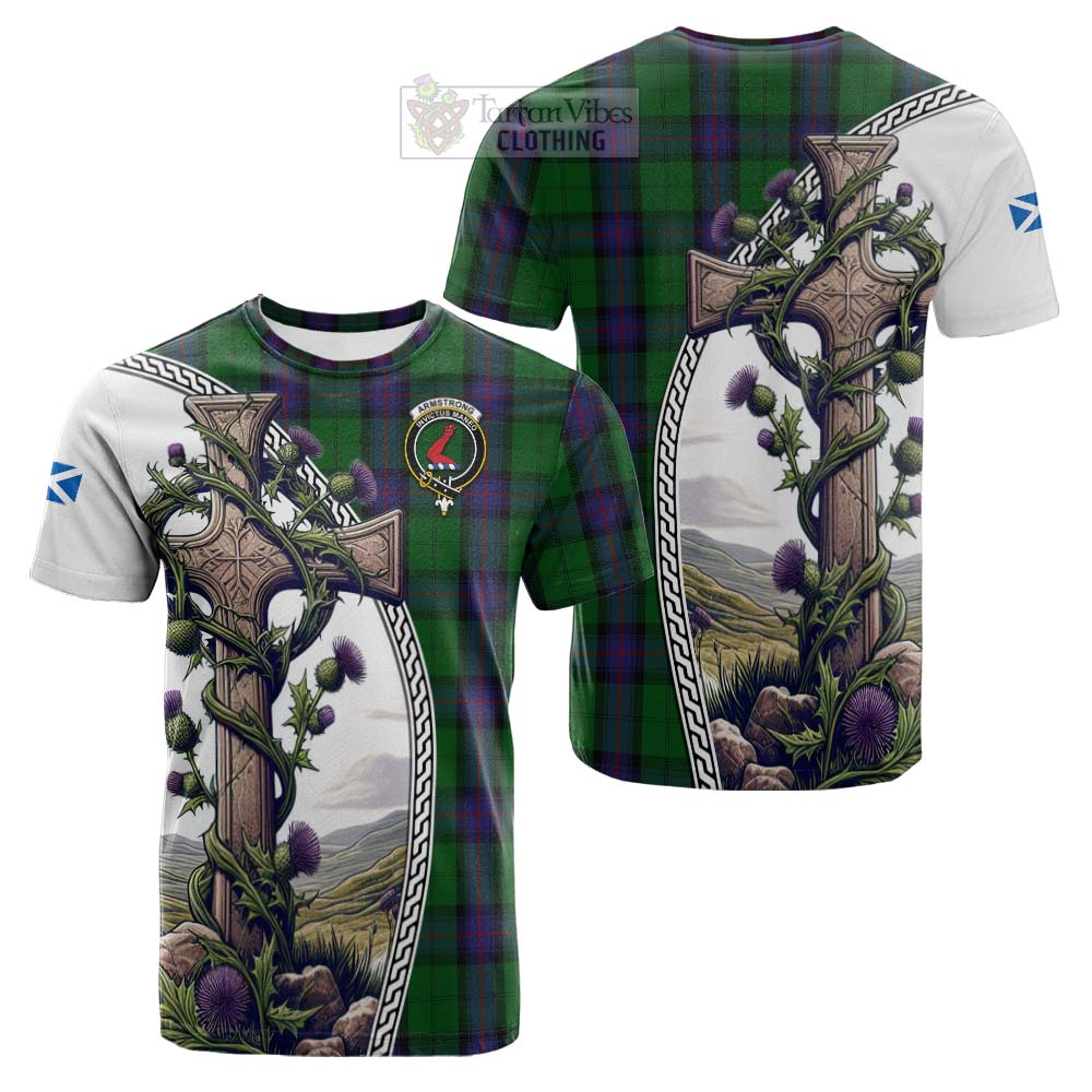 Tartan Vibes Clothing Armstrong Tartan Cotton T-shirt with Family Crest and St. Andrew's Cross Accented by Thistle Vines