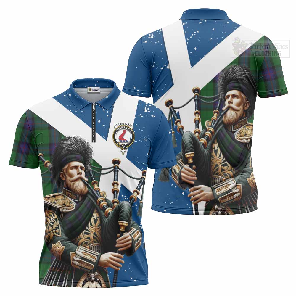 Tartan Vibes Clothing Armstrong Tartan Zipper Polo Shirt with Family Crest Scottish Bagpiper Vibes