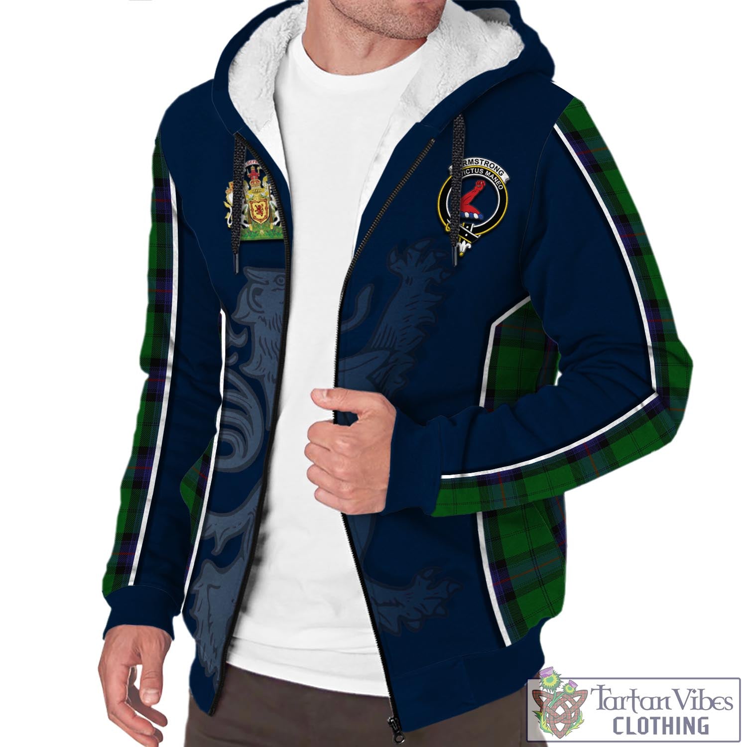 Tartan Vibes Clothing Armstrong Tartan Sherpa Hoodie with Family Crest and Lion Rampant Vibes Sport Style