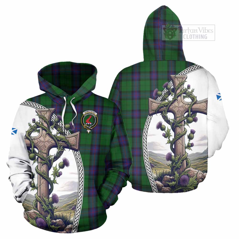 Tartan Vibes Clothing Armstrong Tartan Hoodie with Family Crest and St. Andrew's Cross Accented by Thistle Vines