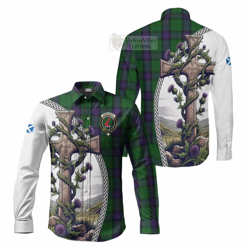 Armstrong Tartan Long Sleeve Button Shirt with Family Crest and St. Andrew's Cross Accented by Thistle Vines Men's Shirt S - Tartan Vibes Clothing