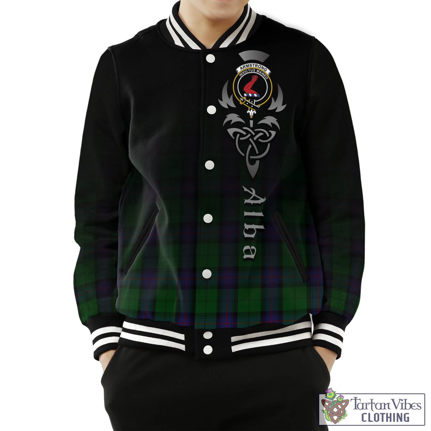 Tartan Vibes Clothing Armstrong Tartan Baseball Jacket Featuring Alba Gu Brath Family Crest Celtic Inspired