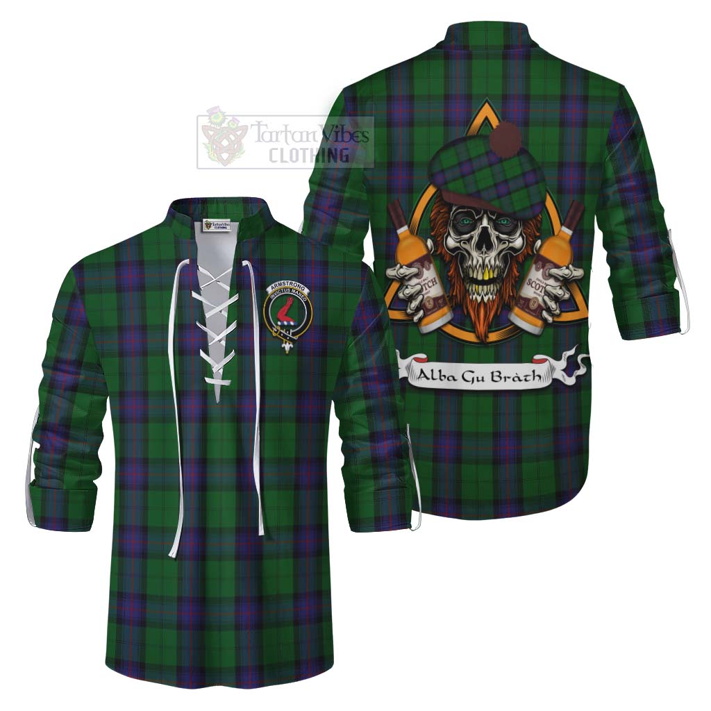 Tartan Vibes Clothing Armstrong Tartan Ghillie Kilt Shirt with Family Crest and Bearded Skull Holding Bottles of Whiskey