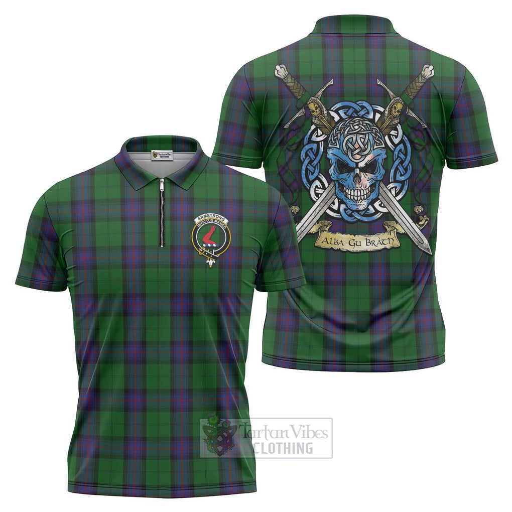 Tartan Vibes Clothing Armstrong Tartan Zipper Polo Shirt with Family Crest Celtic Skull Style