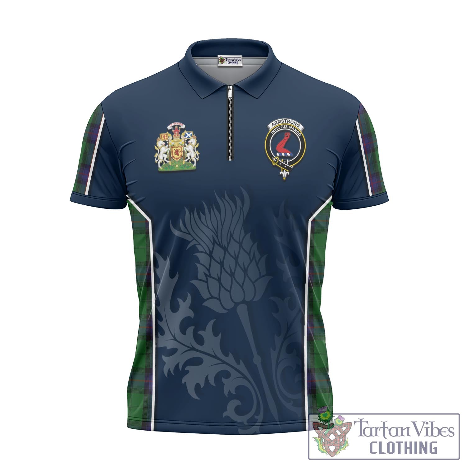 Tartan Vibes Clothing Armstrong Tartan Zipper Polo Shirt with Family Crest and Scottish Thistle Vibes Sport Style