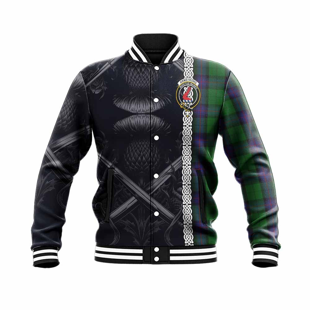 Armstrong Tartan Baseball Jacket with Family Crest Cross Sword Thistle Celtic Vibes Unisex - Tartan Vibes Clothing