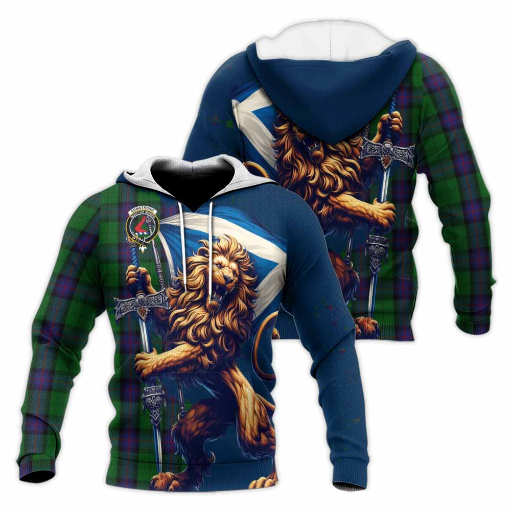 Tartan Vibes Clothing Armstrong Tartan Family Crest Knitted Hoodie with Scottish Majestic Lion