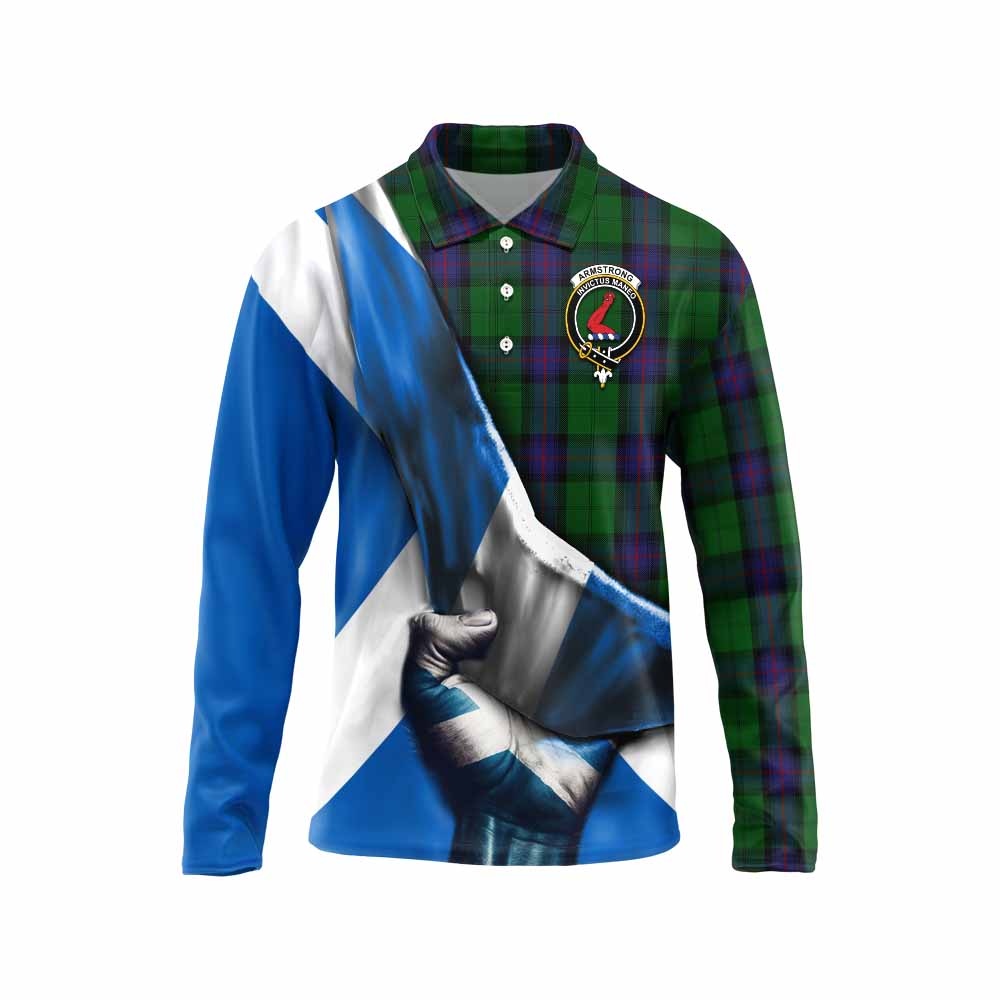 Tartan Vibes Clothing Armstrong Tartan Long Sleeve Polo Shirt with Family Crest Scotland Patriotic Style