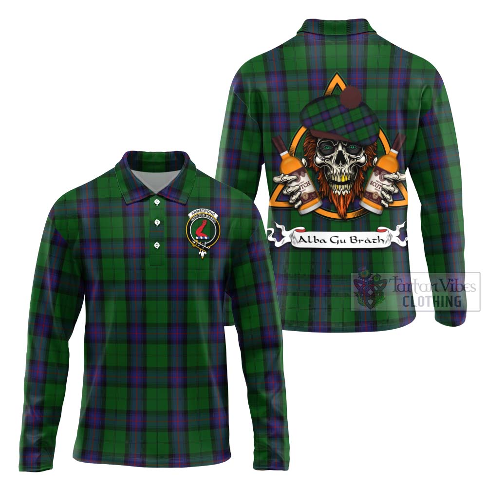 Tartan Vibes Clothing Armstrong Tartan Long Sleeve Polo Shirt with Family Crest and Bearded Skull Holding Bottles of Whiskey