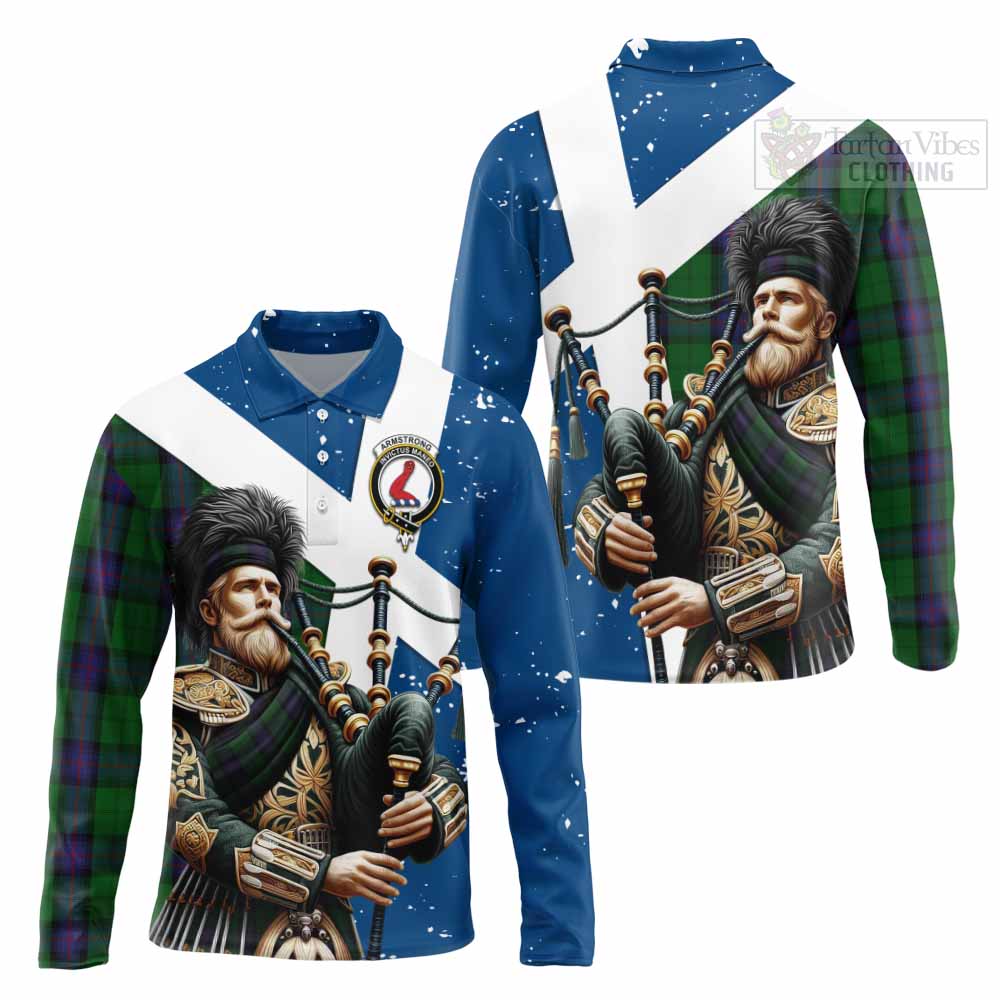 Tartan Vibes Clothing Armstrong Tartan Long Sleeve Polo Shirt with Family Crest Scottish Bagpiper Vibes