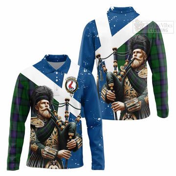 Armstrong Tartan Long Sleeve Polo Shirt with Family Crest Scottish Bagpiper Vibes