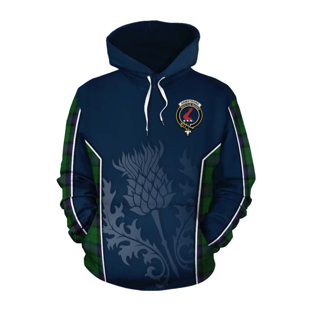 Tartan Vibes Clothing Armstrong Tartan Cotton Hoodie with Family Crest and Scottish Thistle Vibes Sport Style