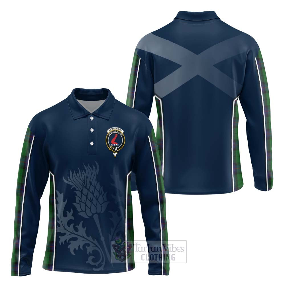 Tartan Vibes Clothing Armstrong Tartan Long Sleeve Polo Shirt with Family Crest and Scottish Thistle Vibes Sport Style