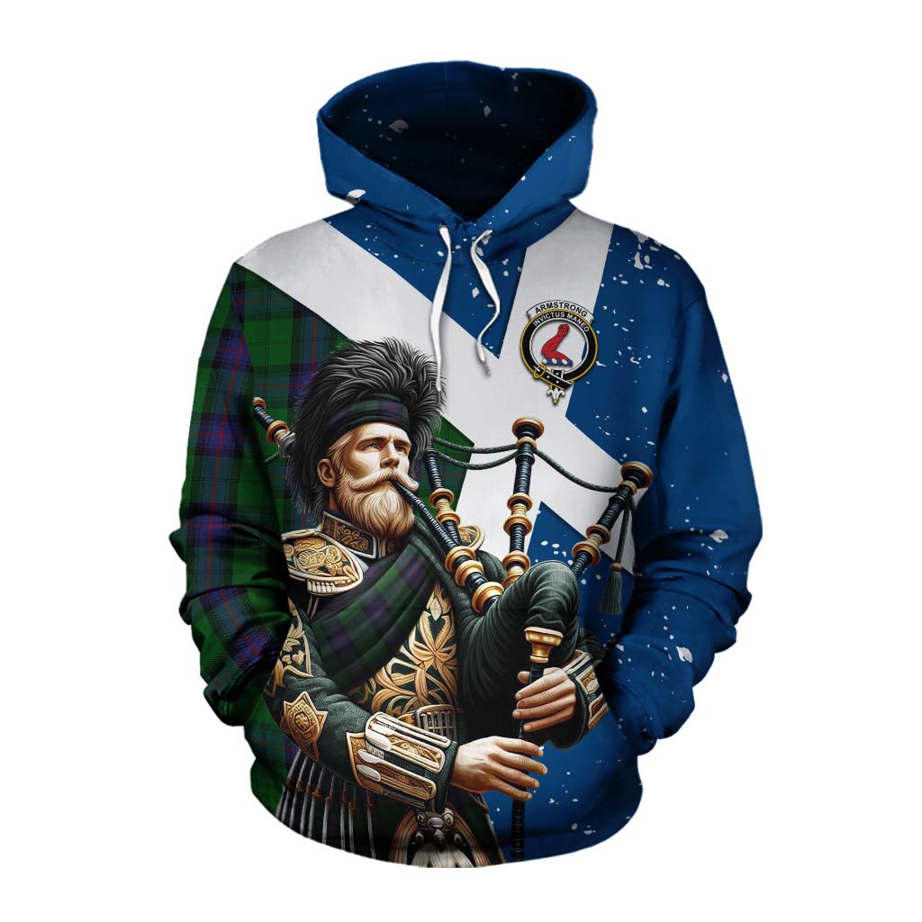 Tartan Vibes Clothing Armstrong Tartan Cotton Hoodie with Family Crest Scottish Bagpiper Vibes