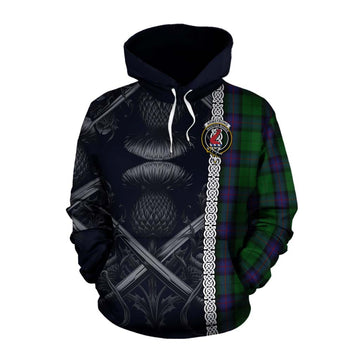 Armstrong Tartan Cotton Hoodie with Family Crest Cross Sword Thistle Celtic Vibes