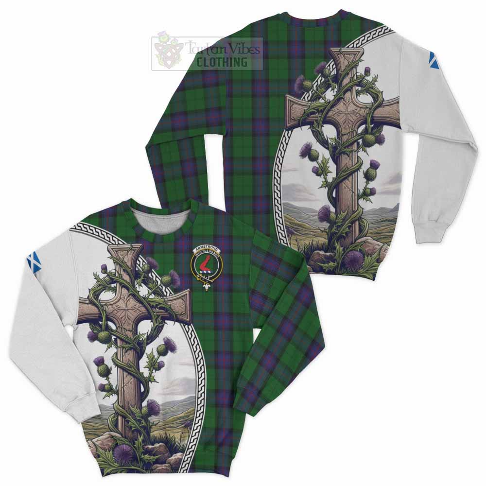 Tartan Vibes Clothing Armstrong Tartan Sweatshirt with Family Crest and St. Andrew's Cross Accented by Thistle Vines