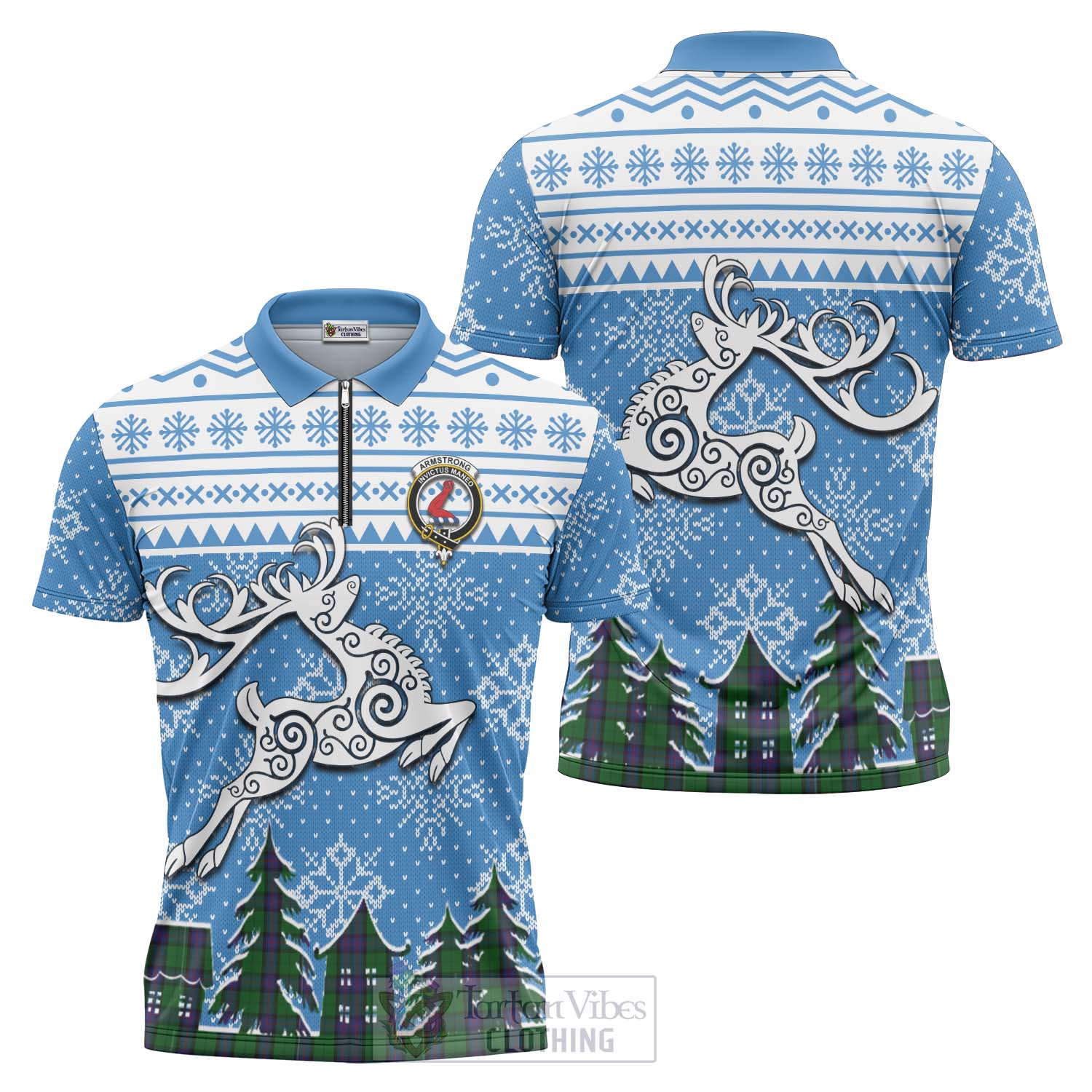 Tartan Vibes Clothing Armstrong Clan Christmas Zipper Polo Shirt Celtic Reindeer Style