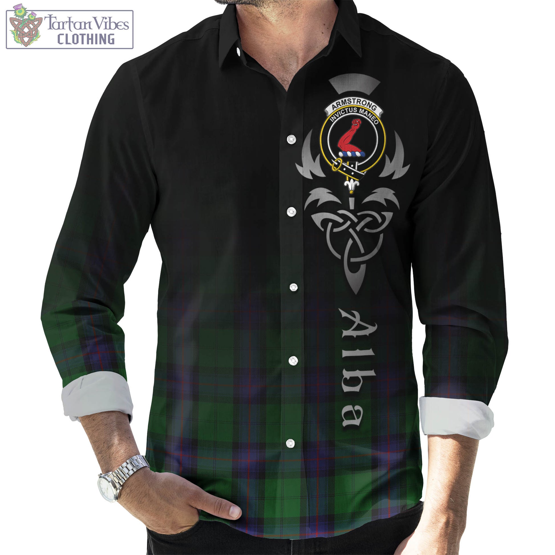 Tartan Vibes Clothing Armstrong Tartan Long Sleeve Button Up Featuring Alba Gu Brath Family Crest Celtic Inspired