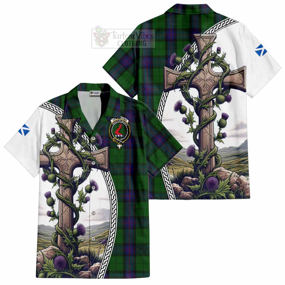 Tartan Vibes Clothing Armstrong Tartan Short Sleeve Button Shirt with Family Crest and St. Andrew's Cross Accented by Thistle Vines