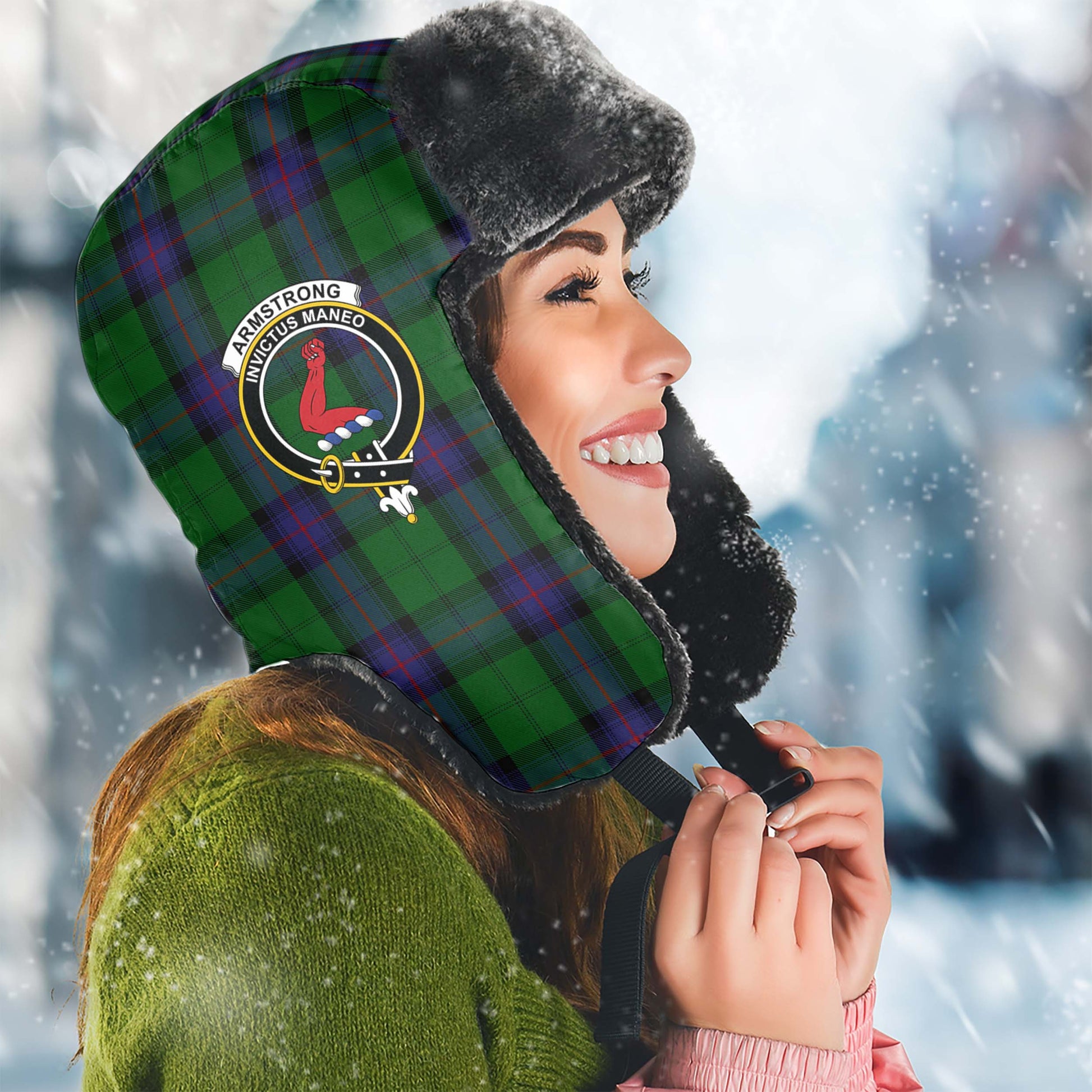 Armstrong Tartan Winter Trapper Hat with Family Crest Winter Trapper Hat Universal Fit Circumference 22.8in (58cm) - Tartanvibesclothing