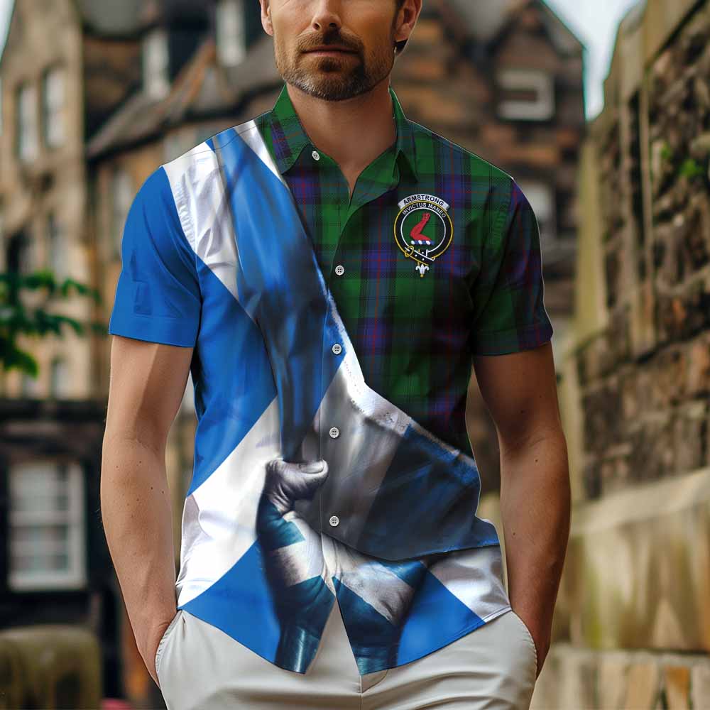 Tartan Vibes Clothing Armstrong Tartan Short Sleeve Button Shirt with Family Crest Scotland Patriotic Style