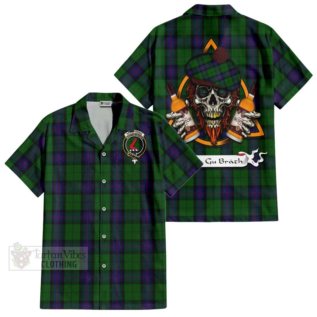 Tartan Vibes Clothing Armstrong Tartan Short Sleeve Button Shirt with Family Crest and Bearded Skull Holding Bottles of Whiskey