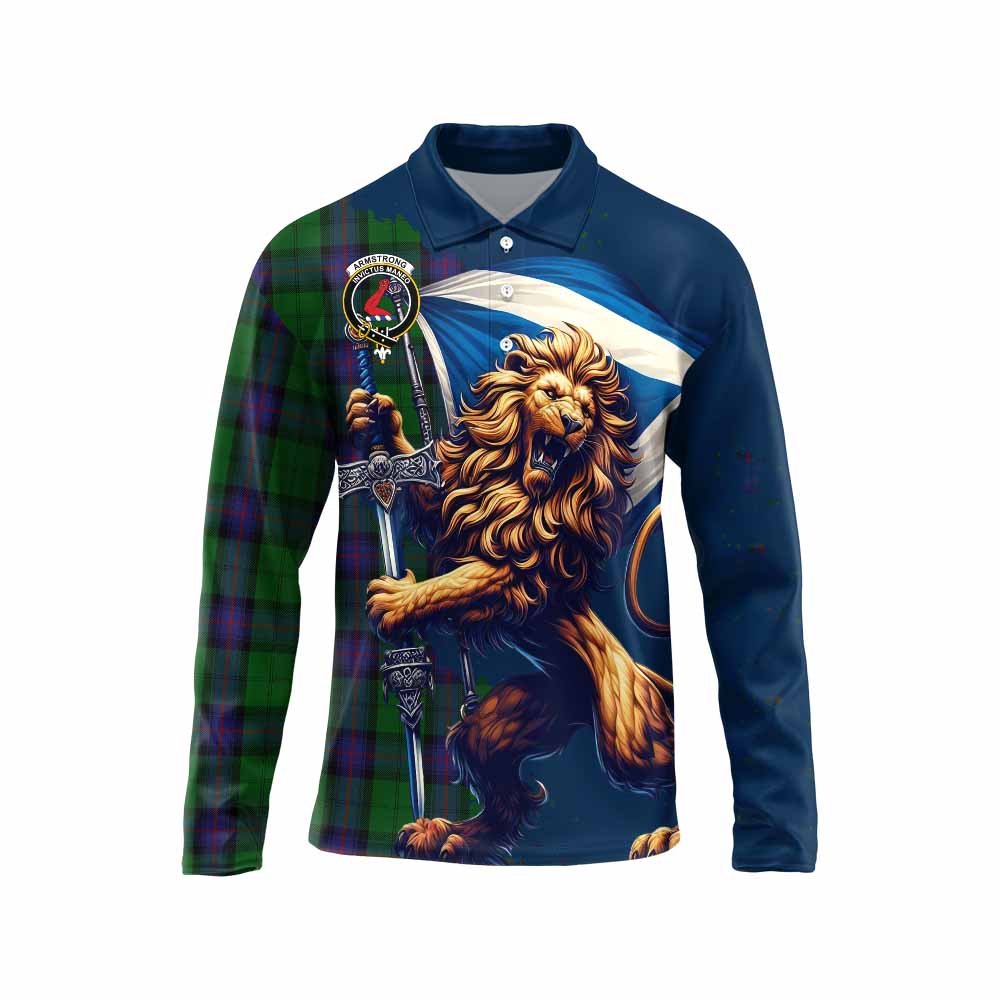 Tartan Vibes Clothing Armstrong Tartan Family Crest Long Sleeve Polo Shirt with Scottish Majestic Lion