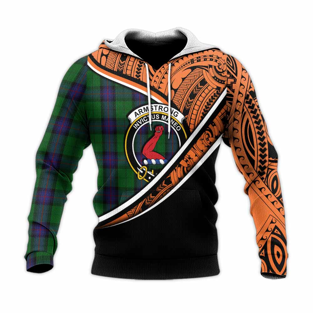 Tartan Vibes Clothing Armstrong Crest Tartan Knitted Hoodie with Maori Tattoo Style - Orange Version