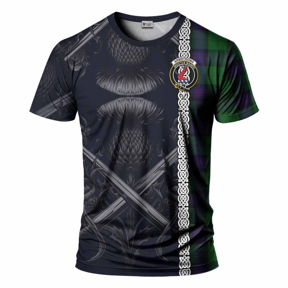 Tartan Vibes Clothing Armstrong Tartan T-Shirt with Family Crest Cross Sword Thistle Celtic Vibes