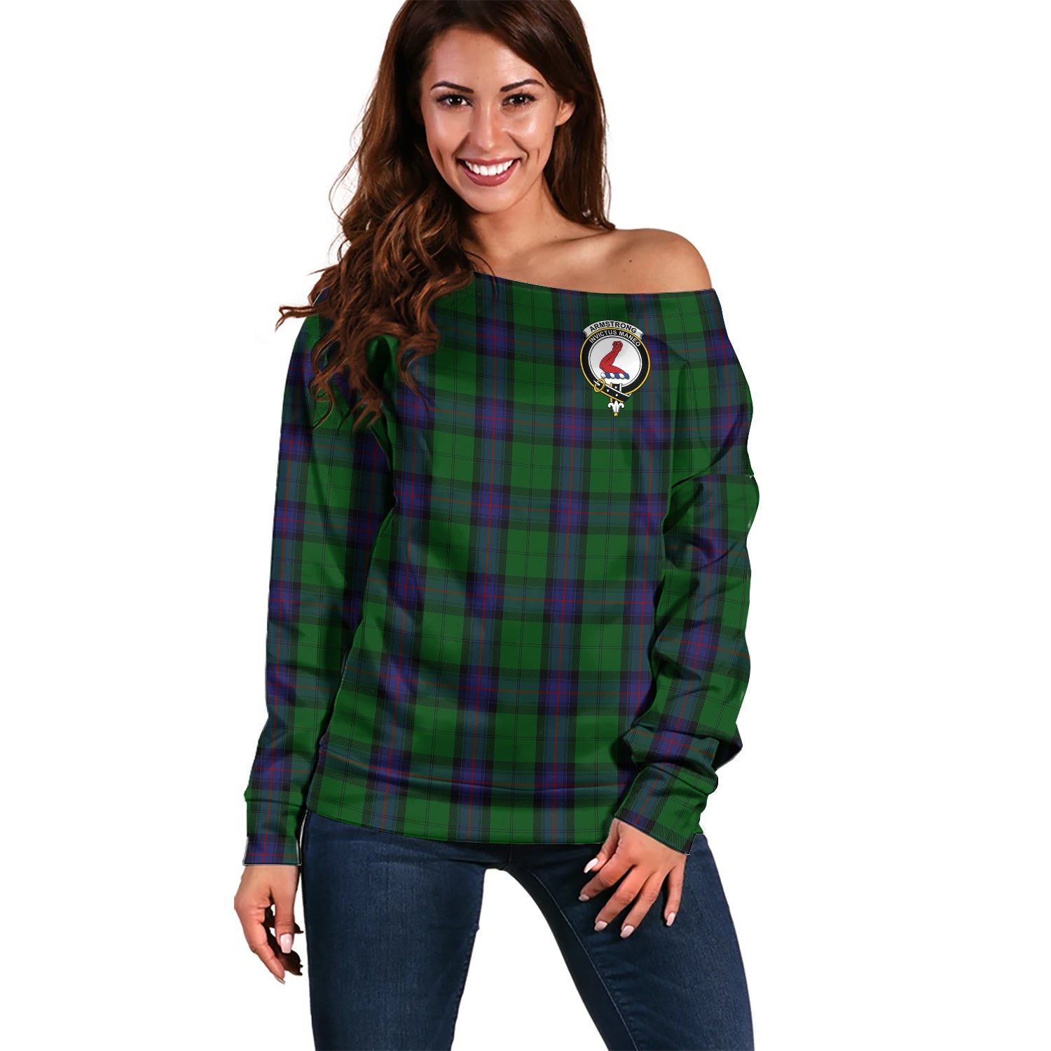 Armstrong Tartan Off Shoulder Women Sweater with Family Crest Women - Tartanvibesclothing