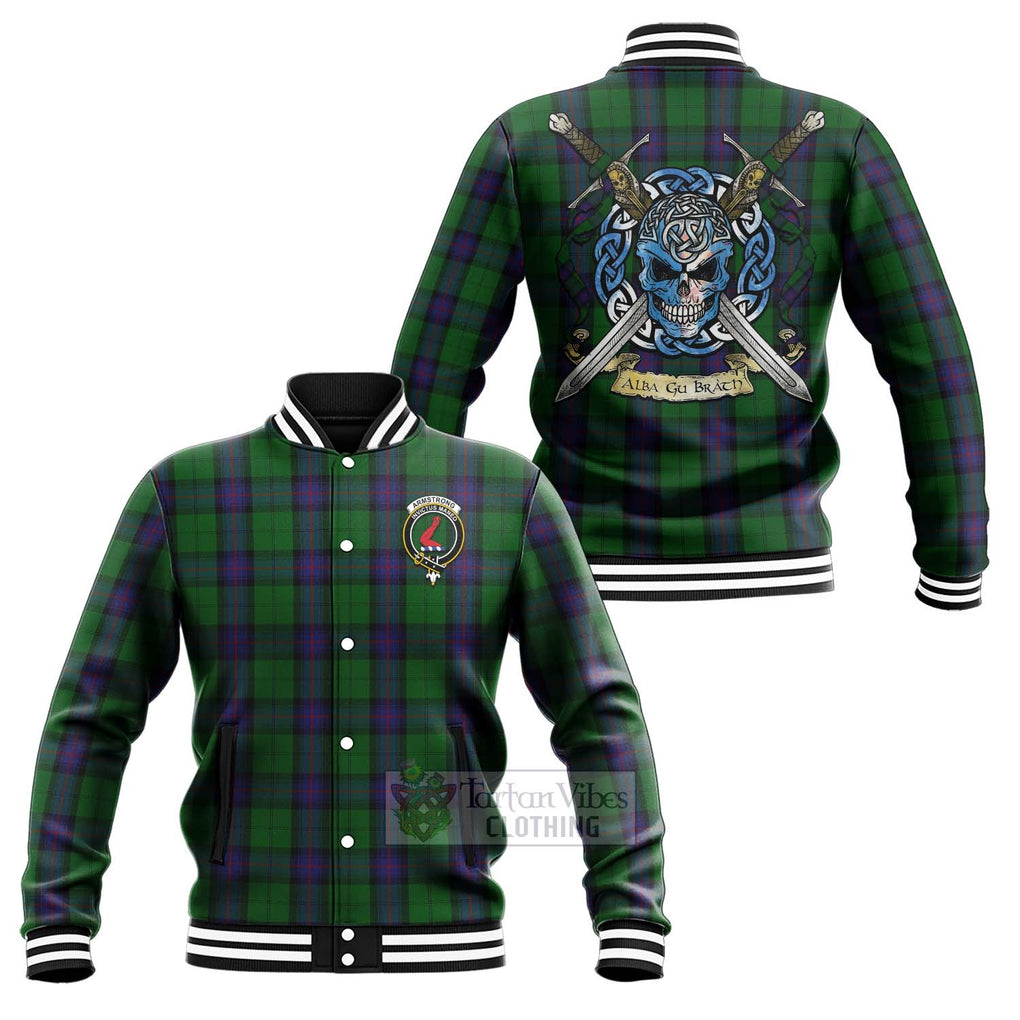 Tartan Vibes Clothing Armstrong Tartan Baseball Jacket with Family Crest Celtic Skull Style