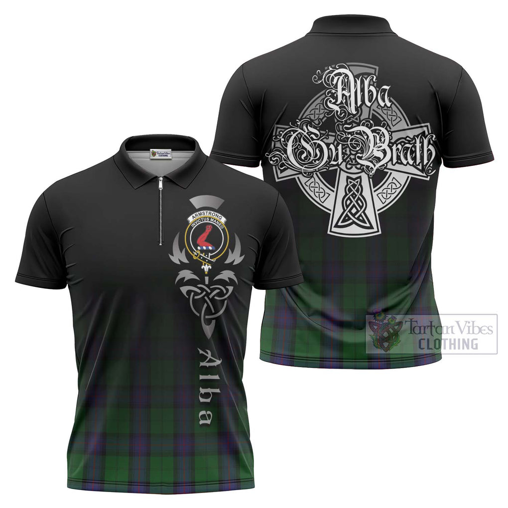 Tartan Vibes Clothing Armstrong Tartan Zipper Polo Shirt Featuring Alba Gu Brath Family Crest Celtic Inspired