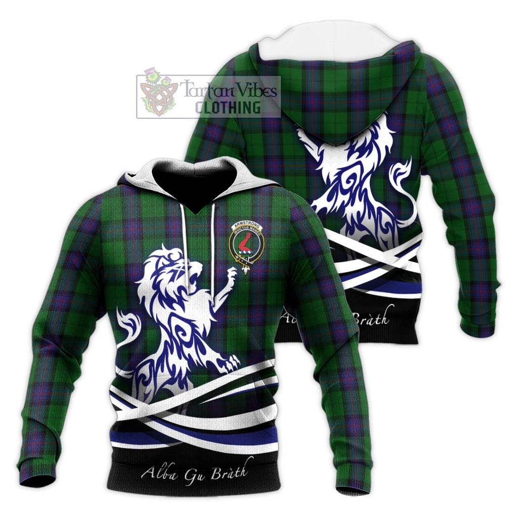 Armstrong Tartan Knitted Hoodie with Alba Gu Brath Regal Lion Emblem Unisex Knitted Pullover Hoodie - Tartanvibesclothing Shop