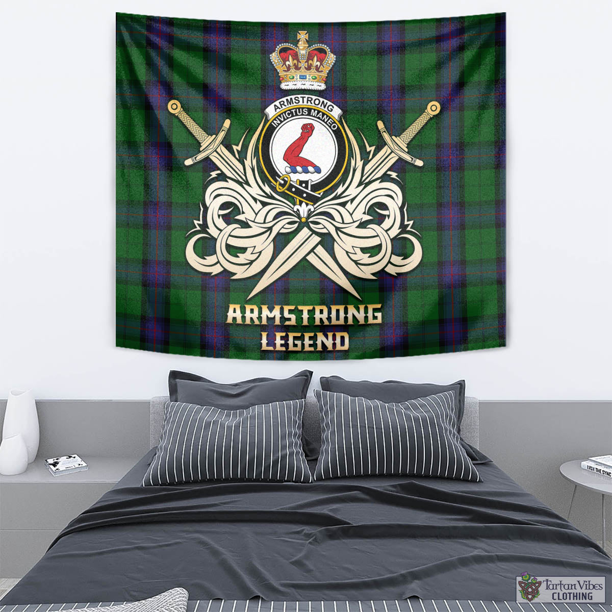 Tartan Vibes Clothing Armstrong Tartan Tapestry with Clan Crest and the Golden Sword of Courageous Legacy