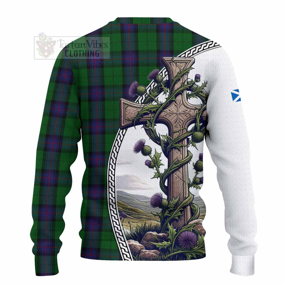 Tartan Vibes Clothing Armstrong Tartan Knitted Sweater with Family Crest and St. Andrew's Cross Accented by Thistle Vines