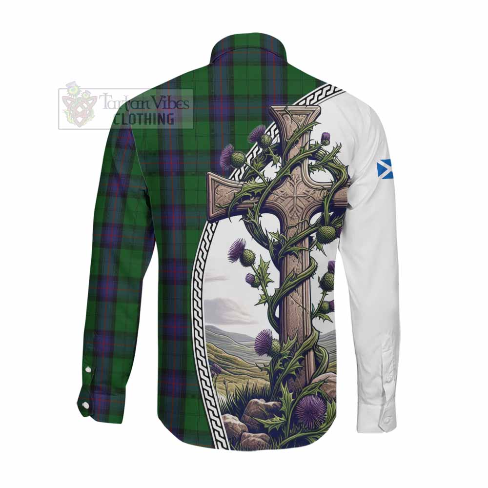 Armstrong Tartan Long Sleeve Button Shirt with Family Crest and St. Andrew's Cross Accented by Thistle Vines Men's Shirt - Tartan Vibes Clothing