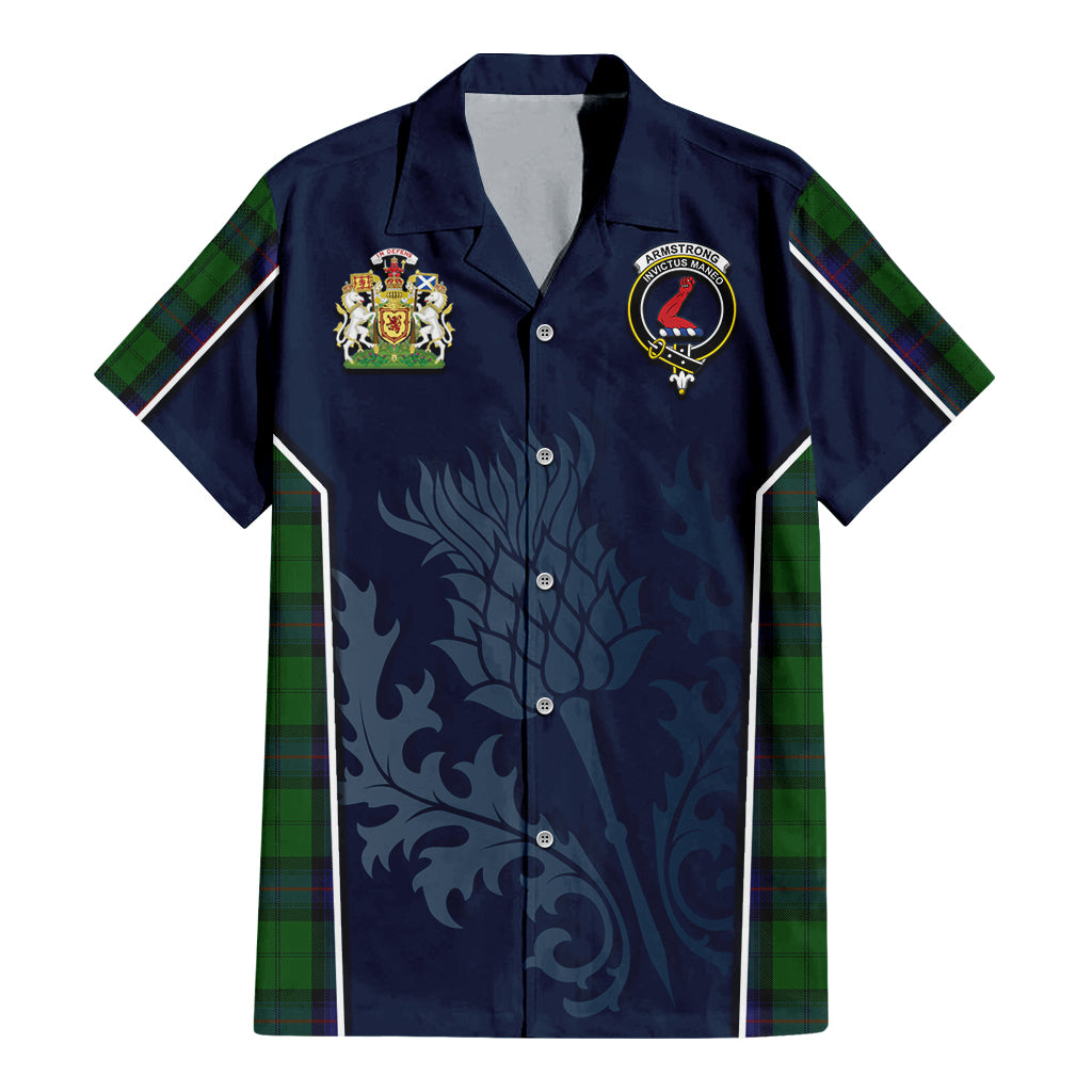 Tartan Vibes Clothing Armstrong Tartan Short Sleeve Button Up Shirt with Family Crest and Scottish Thistle Vibes Sport Style