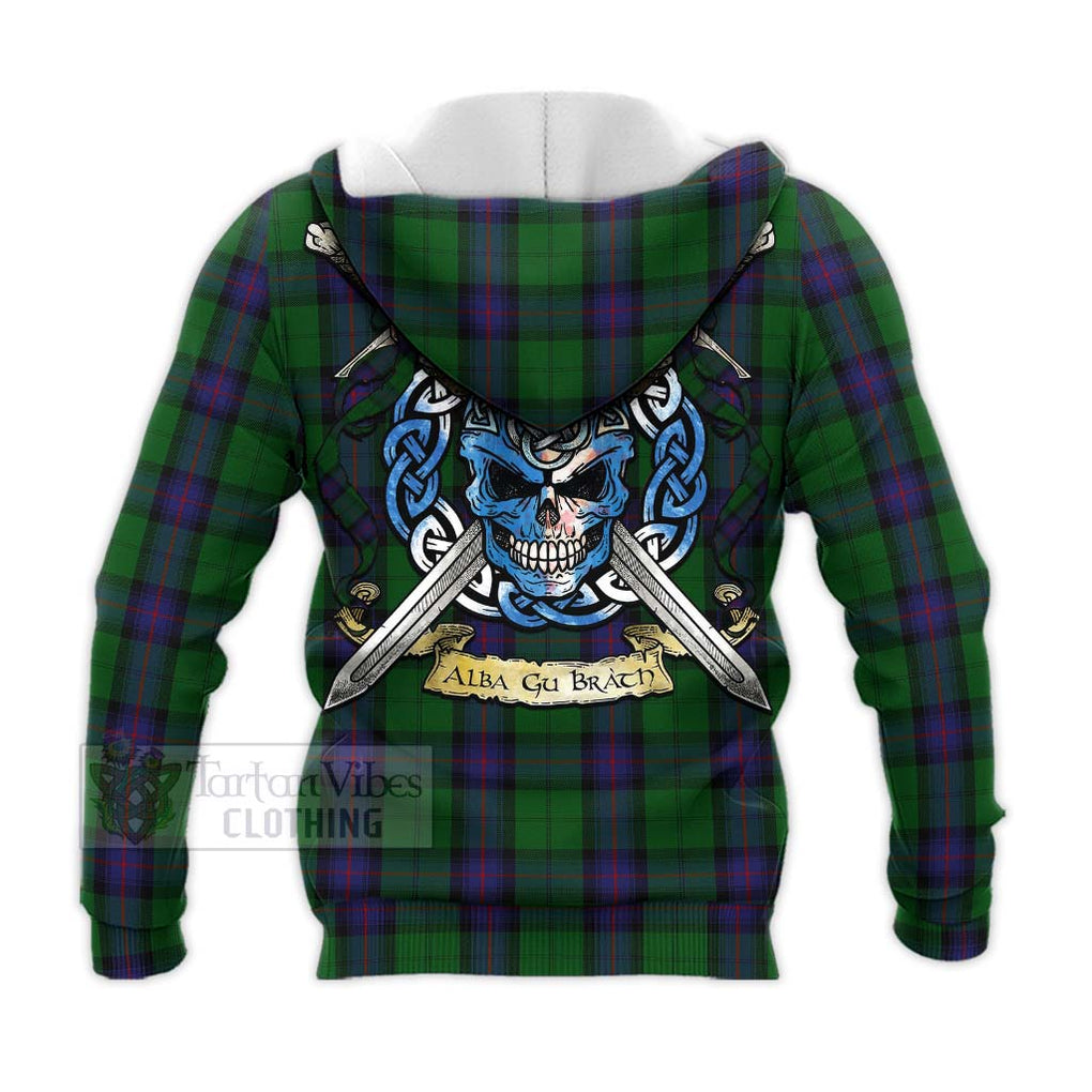 Tartan Vibes Clothing Armstrong Tartan Knitted Hoodie with Family Crest Celtic Skull Style