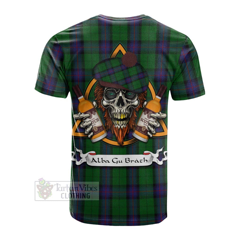 Tartan Vibes Clothing Armstrong Tartan Cotton T-shirt with Family Crest and Bearded Skull Holding Bottles of Whiskey