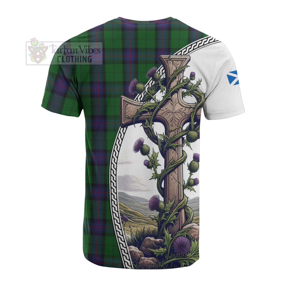 Tartan Vibes Clothing Armstrong Tartan Cotton T-shirt with Family Crest and St. Andrew's Cross Accented by Thistle Vines