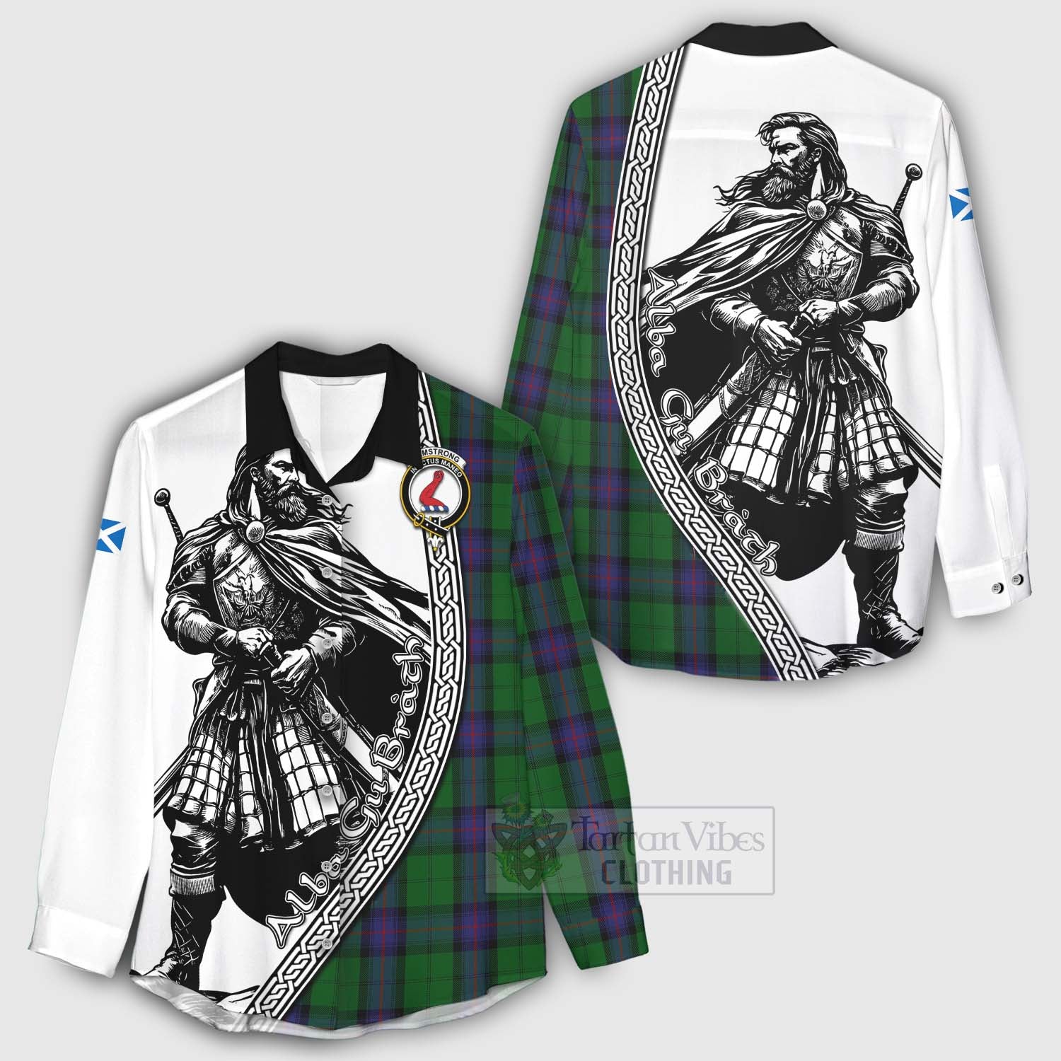 Tartan Vibes Clothing Armstrong Tartan Clan Crest Women's Casual Shirt with Highlander Warrior Celtic Style